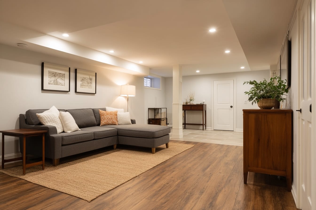 Finished basement with a sofa, vinyl wood floor, and recessed lights