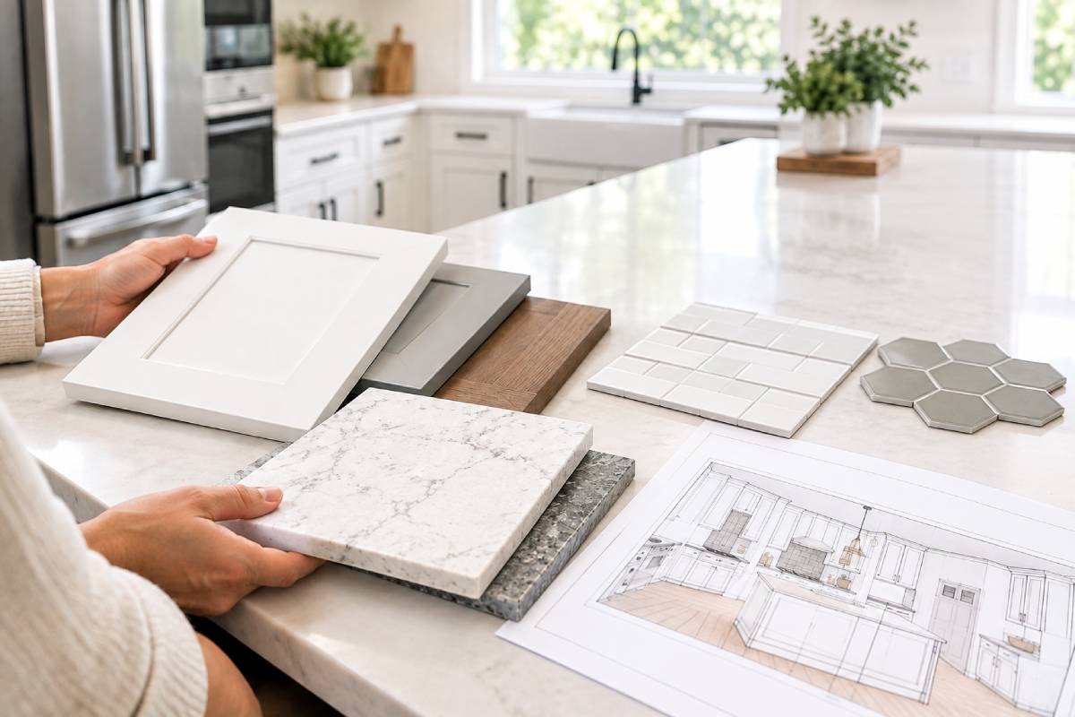 Samples and drawings help a homeowner compare cabinets, stone, and tile. They do not replace a walk-through of the existing kitchen.