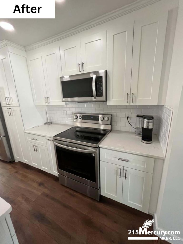 Kitchen remodel featuring white shaker cabinets, stainless steel appliances, quartz countertops, and subway tile backsplash in PA by 215Mercury