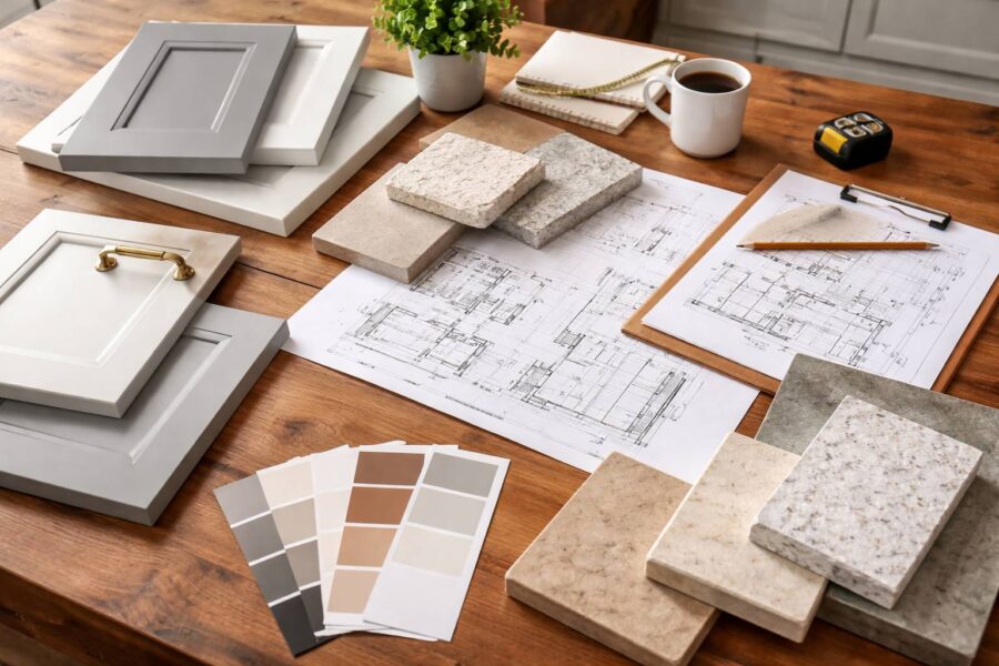 Kitchen remodel planning with countertop samples, cabinet doors, and layout drawings