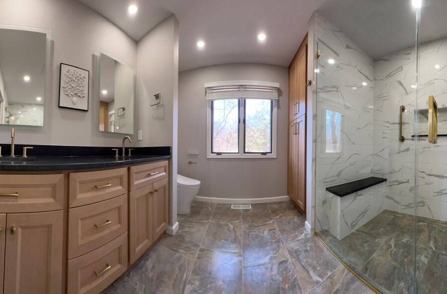 Smart space-saving bathroom remodeling ideas for a modern Horsham, PA home featuring a walk-in shower and floating vanity.